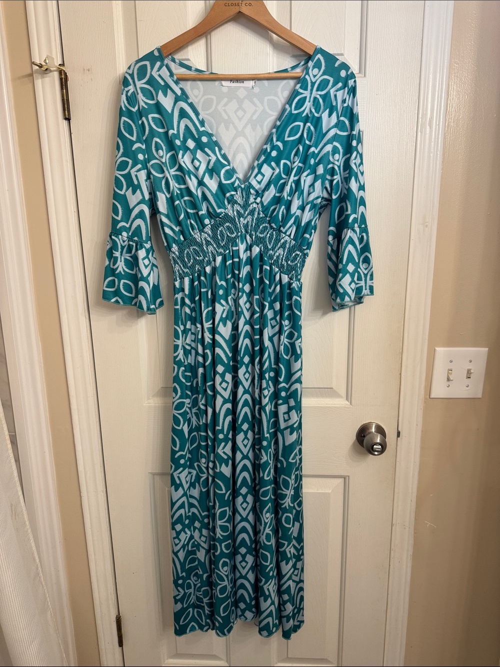 Teal & White V-Neck Smocked Waist Maxi Dress by